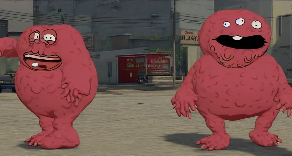 Image similar to Screenshot of a 3d version of Meatwad from Aqua Teen Hunger Force as a 3d NPC in the videogame 'Grand Theft Auto V' (2013). Sharpened. 1080p. High-res. Ultra graphical settings.