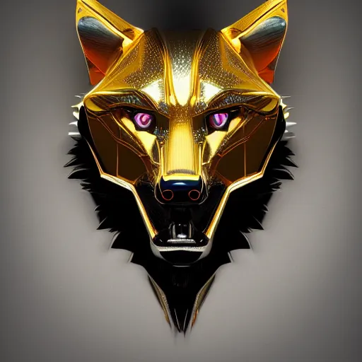 Prompt: chrome and gold wolf, glossy, metallic, neon, symmetrical, tribal patterns, realistic, unreal engine, octane, redshift, artstation, behance