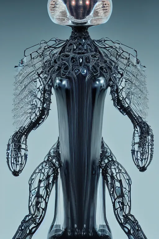 Prompt: background space station, dark inflateble dress iris van herpen positing on floor, helmet instead of a head, perfect symmetrical, full body shot, inflateble shapes, wires, tubes, veins, jellyfish, white biomechanical details, wearing epic bionic implants, masterpiece, intricate, biopunk, vogue, highly detailed, artstation, concept art