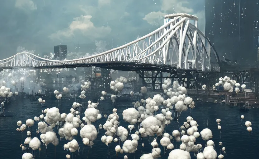 Image similar to explosions in the form of realistic white cotton plants on harbour bridge, huge white cotton everywhere on the destroyed harbour bridge, smooth, sharp focus, highly detailed, 3 d octane render, epic lighting, crazy atmosphere, lots of white cotton, 8 k, by goro fujita