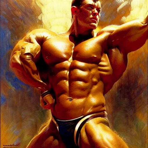 Image similar to stunning bodybuilder defeating metabo man, highly detailed painting by gaston bussiere, craig mullins, j. c. leyendecker, 8 k