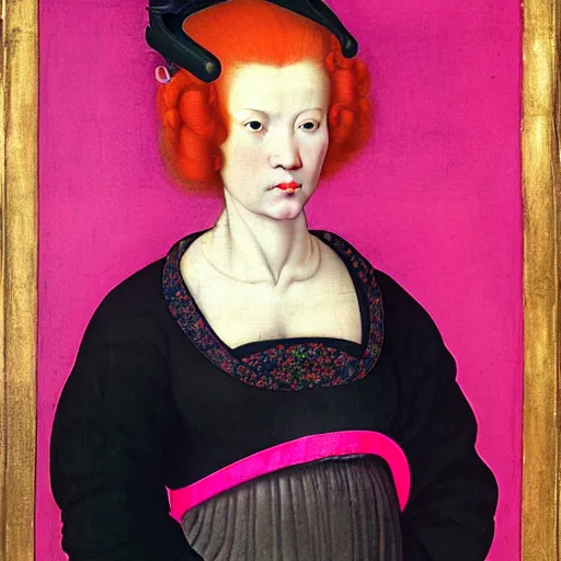 Image similar to full length portrait of a woman with red hair and big hair curlers, wearing a neon pink baggy pajamas, standing in a botanical garden, intricate details, highly detailed, in the style of rogier van der weyden and jacopo da pontormo, punk, masterpiece, asian art