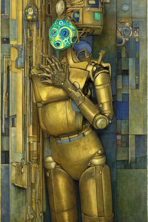 Prompt: the robot wearing his electric crown stands by the window at midnight , by Annie Swynnerton and Diego Rivera and Elihu Vedder, symbolist, dramatic lighting, elaborate geometric ornament, Art Brut, soft blues and greens,smooth, sharp focus, extremely detailed, Adolf Wölfli and Evelyn De Morgan