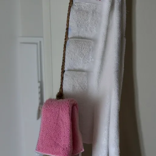 Image similar to a doll hanging, tied to a towel rack in the bathroom with a fabric belt