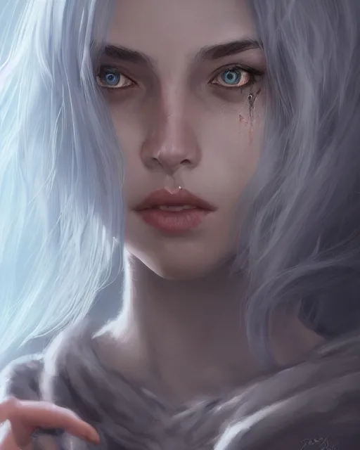 Image similar to portrait of a beautiful sorceress flowy grey hair, grey eyes, cinematic lighting, highly detailed, digital painting, trending on artstation, pixiv, concept art, sharp focus, illustration, art by ross tran and wlop