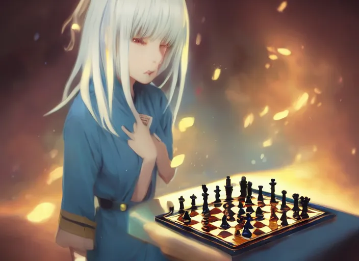 Prompt: rimuru playing chess, with amber eyes of gold color, straight hair, sky blue hair, long bangs, high collar, concept art, award winning photography, digital painting, cinematic, by wlop, anime key visual, wlop, 8 k, by ross tran, tom bagshaw, andy warhol