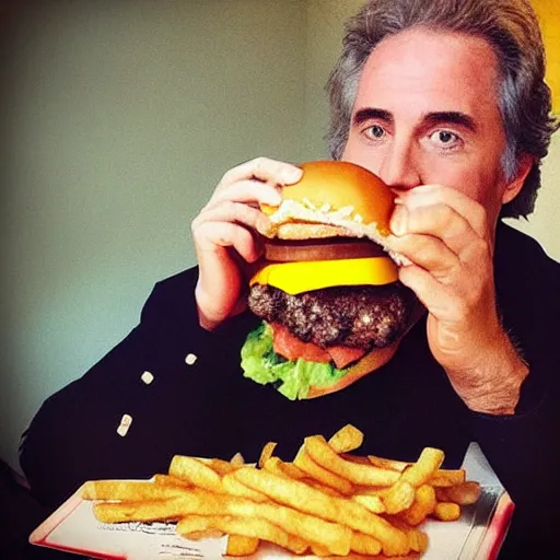 Image similar to “ michael knight eating a cheeseburger”