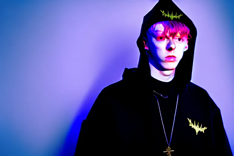 Image similar to bladee wearing aura inspired by a wizard mage