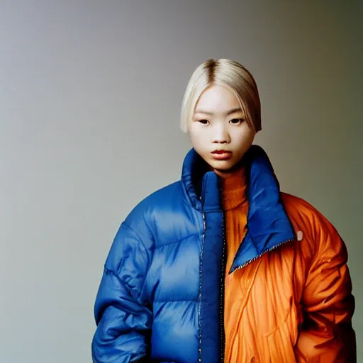 Image similar to realistic photoshooting for a new balenciaga lookbook, color film photography, portrait of a blonde asian woman, model wearing a puffer jacket, photo in style of tyler mitchell, 3 5 mm,