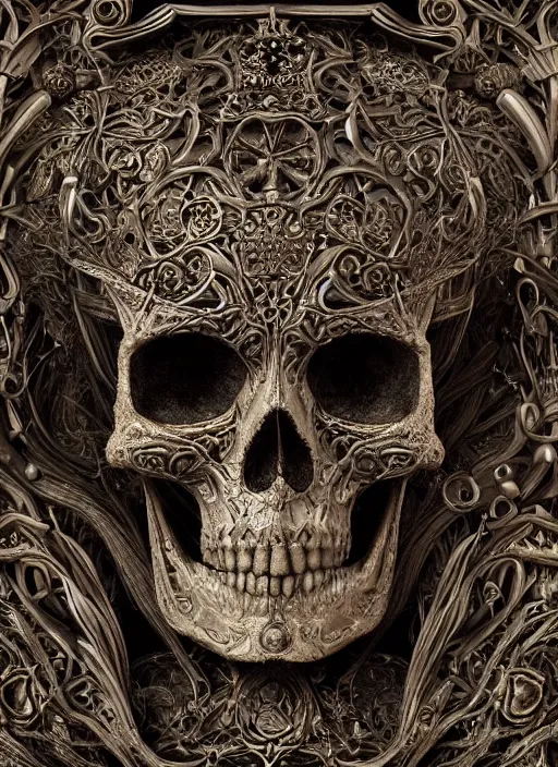 Prompt: a 3 d render of the queen of the underground, intricate details, skull, bones, hyper - realistic, matte painting, hyper - detailed, ornate, mysterious, dark