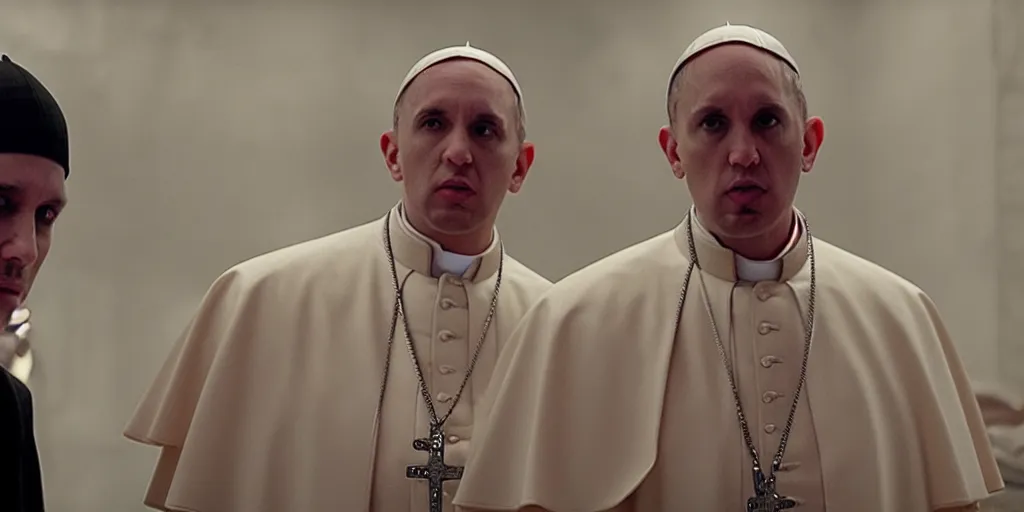 Image similar to film frame of the pope and eminem doing a rap freestyle 4 k quality rule of thirds eminem's face detail cinematic color grading by christopher nolan