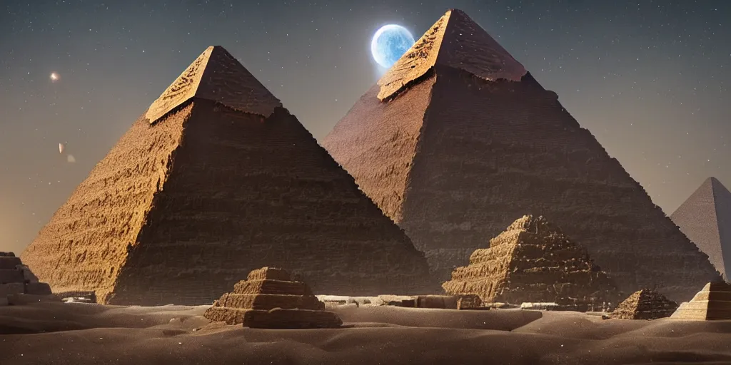 Image similar to huge asteroid impacting the pyramids, a lot of flying debris, greg rutkowski, 8 k, shallow depth of field, full moon, ultra high detail, concept art,