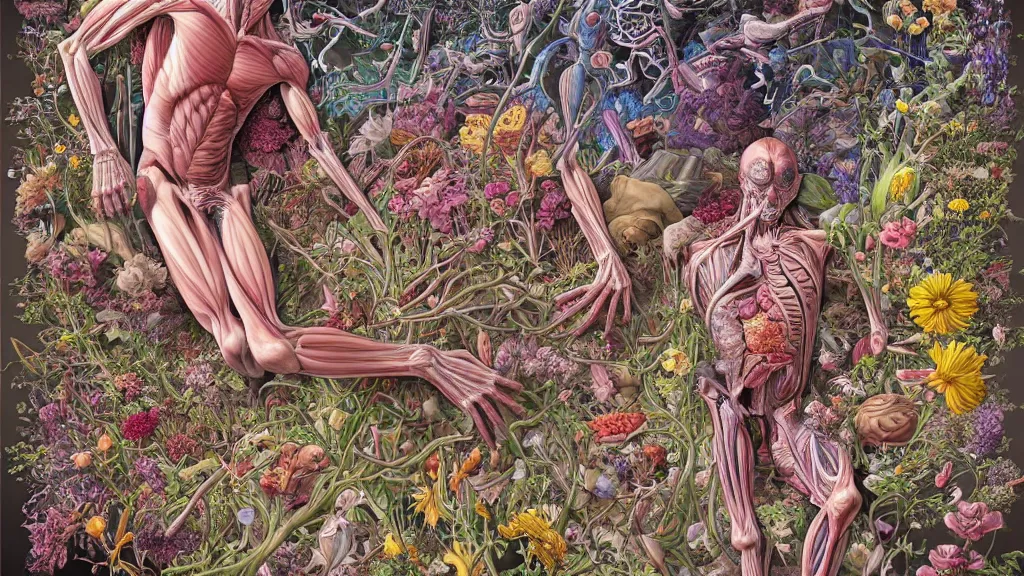 Image similar to highly detailed illustration of a human anatomy body exploded by all the known species of flowers by juan gatti, by moebius!!,, by oliver vernon, by joseph moncada, by damon soule, by manabu ikeda, by kyle hotz, by dan mumford, by kilian eng