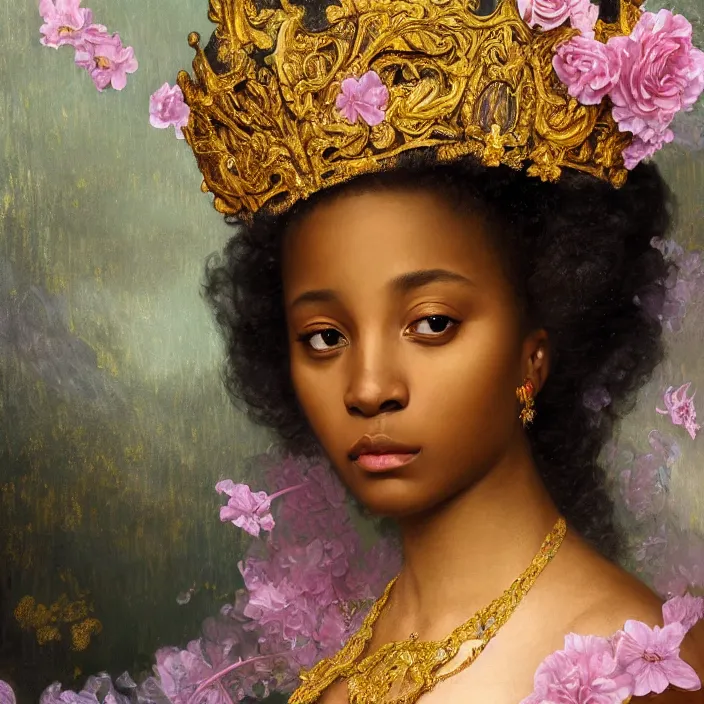 Image similar to highly detailed venetian rococo portrait of a black princess wearing a crown, golden jewels, pastel flowery background, 8 k, realism, volumetric lighting, flowers, fantasy, realistic, symmetrical face, digital illustration, art by krenz cushart, alphonse mucha, kehinde wiley, artem demura