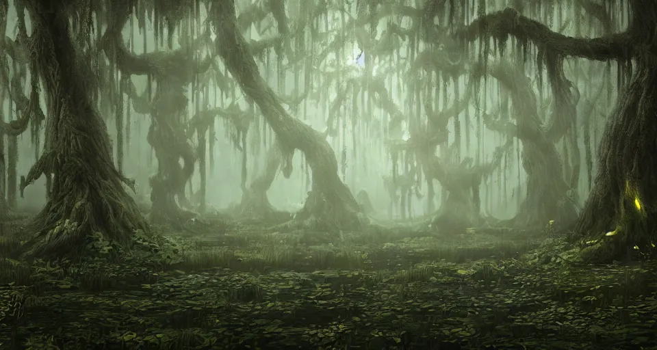 Image similar to A dense and dark enchanted forest with a swamp, by CGSociety