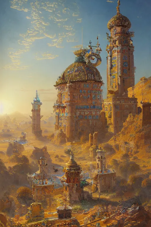 Image similar to glorious painted tower of the sun and stars by Ludwig Deutsch and Rudolf Ernst and tyler edlin, dramatic cinematic lighting , beautiful colorful tilework, ornate architecture, smooth, sharp focus, extremely detailed