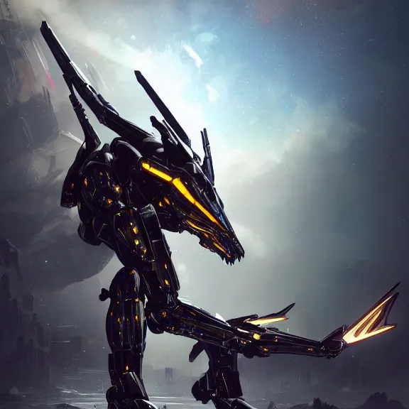 Image similar to cinematic shot, 35 foot tall extremely detailed beautiful handsome quadrupedal western robot mecha dragon, sharp edged black armor, shining gold accents around the edges, sleek OLED blue visor for eyes, four legs, walking in busy neon city streets, sharp claws, epic shot, highly detailed art, sci fi, furry, 3D realistic, warframe fanart, destiny fanart, furry art, dragon art, feral art, macro art, furaffinity, DeviantArt, sofurry