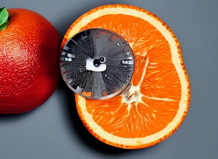 Image similar to photo still of a ( ( ( ( clockwork ) ) ) )!! orange!, fruit, 8 k, studio lighting, bright ambient lighting, key light, 8 5 mm, f 1. 8,