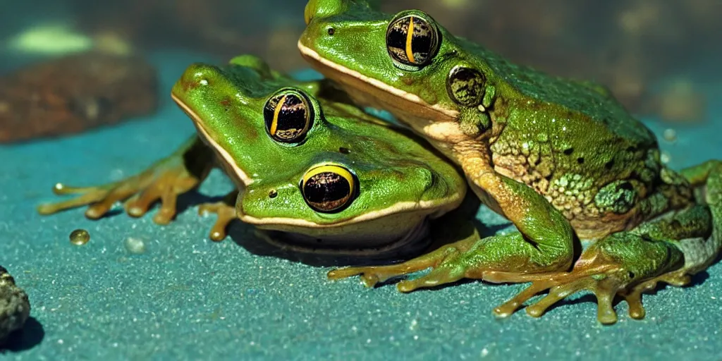 Image similar to a very intricately detailed underwater photo of a frogs cuddling. a lot of bubbles, diffracting the light. small curious fish in the background. extreme detail, artstation hq, 8 k