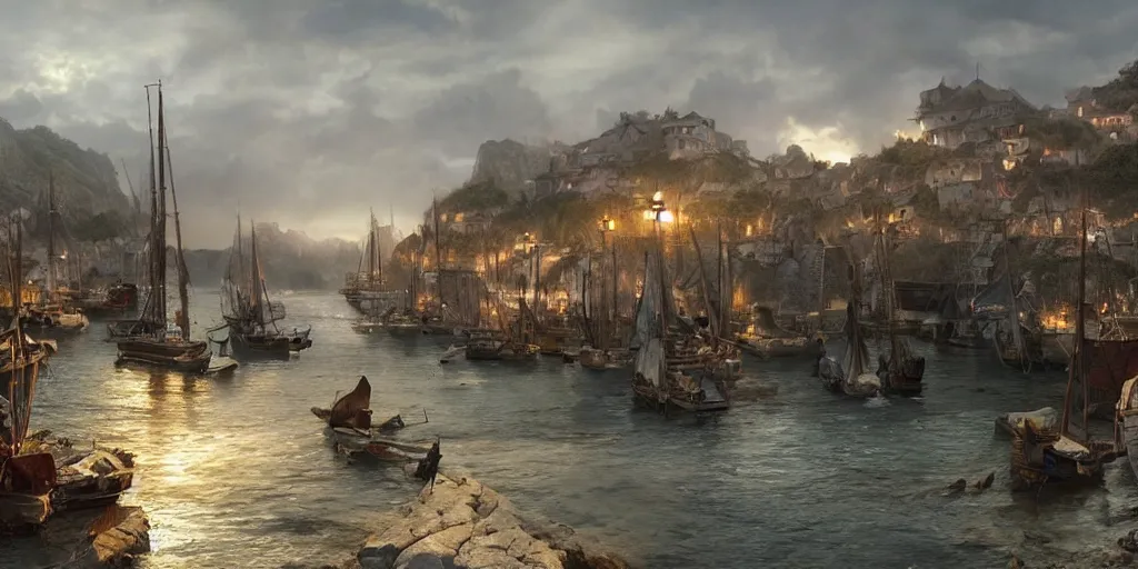 Image similar to beautiful matte painting of a port village by weta workshop 8 k, cinematic dramatic atmosphere, dramatic lighting