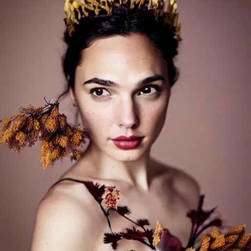 Image similar to full body fine art photo of the beauty gal gadot, she has a crown of dried flowers and she is wearing a fashionist conceptaul dress made of dried roses, taken by oleg oprisco
