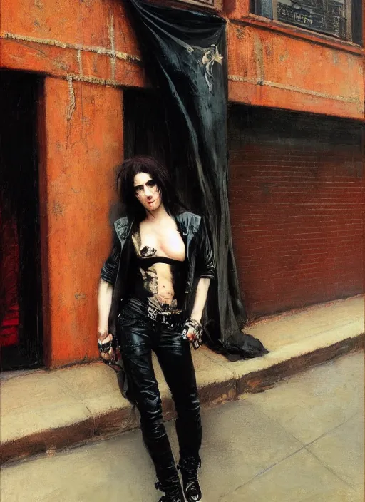 Image similar to androgynous glam rocker outside cbgb in the style of phil hale, sfumato Orientalist portrait by john william waterhouse and James Gurney and Theodore Ralli and Nasreddine Dinet, oil on canvas. Cinematic, hyper realism, realistic proportions, dramatic lighting, high detail 4k