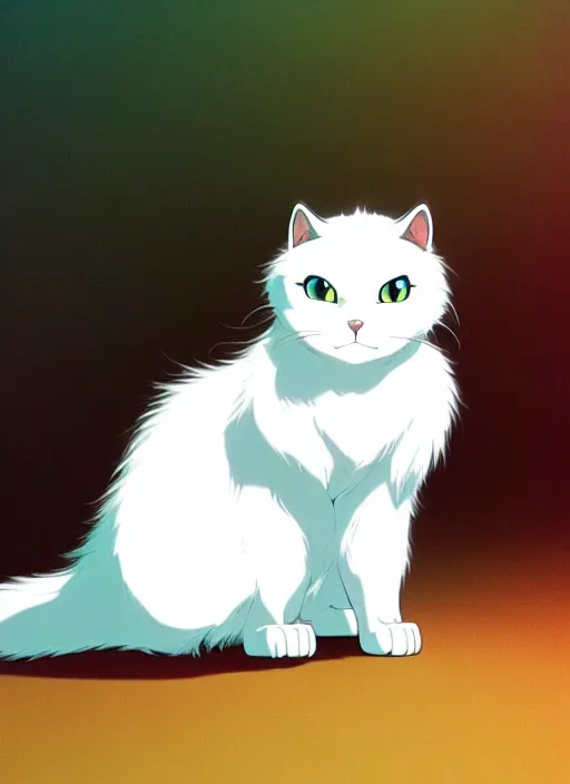 Image similar to fluffy white cat, natural lighting, path traced, highly detailed, high quality, cartoon, digital painting, by don bluth and ross tran and studio ghibli and alphonse mucha