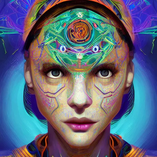 Image similar to portrait of a future metaverse ayahuasca tech shaman warrior, 2 d cartoon, visionary art, symmetric, magick symbols, holy halo, shipibo patterns, sci - fi, concept art, trending on art station, 8 k digital art, by mandy jurgens, fantasy portrait art, anime