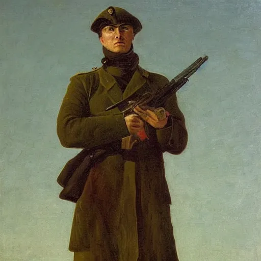 Image similar to an impasto oil painting of a soldier holding a flower instead of a gun painted by caspar david friedrich, high detail