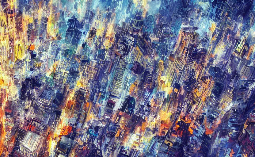 Image similar to City crashing into the Ground, digital painting, expressionistic, intricate detail, meticulous brush strokes, genius composition, masterpiece, work of art, 4k wallpaper