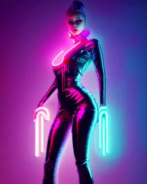 Image similar to ultra realistic photo of a cyber neon queen, retro futurism, full body pose, thick fancy eyeliner, hyper photorealistic, fashion photography, digital photography, trending on artstation, cinematic, 4 k ultra hd, art by pascal blanche, art by greg rutkowski