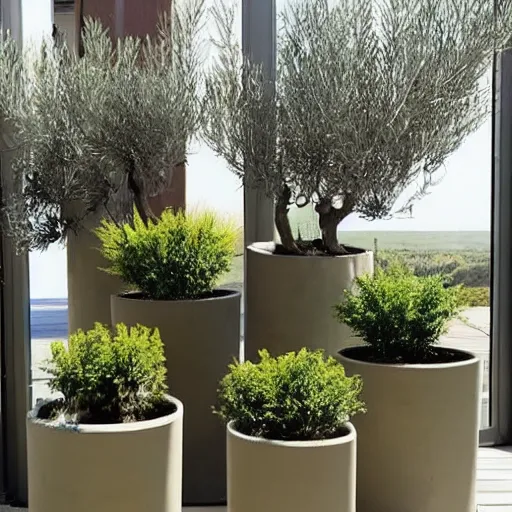 Image similar to creative concrete pots with seatings, olive trees, wpc decking on the floor