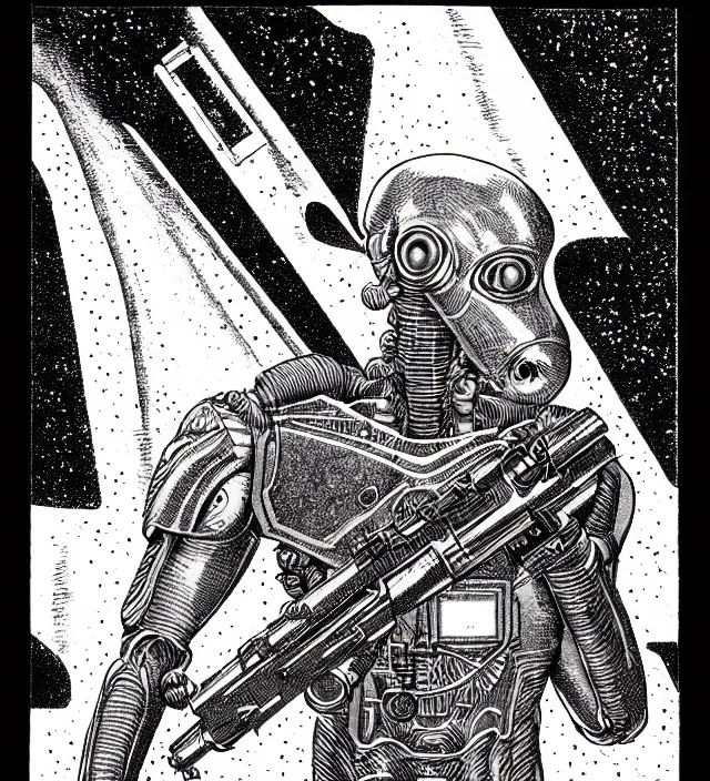 Image similar to a gray alien with a ray pistol, pen - and - ink illustration, etching, by russ nicholson, david a trampier, larry elmore, 1 9 8 1, hq scan, intricate details, high contrast, no background