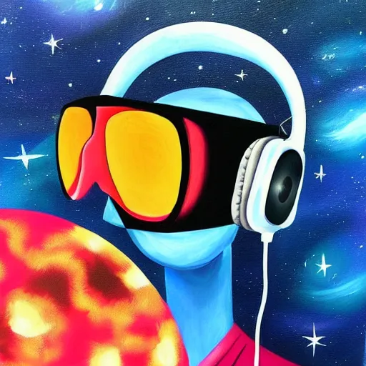 Prompt: ! dream a car with sunglasses and headphones in space, painting