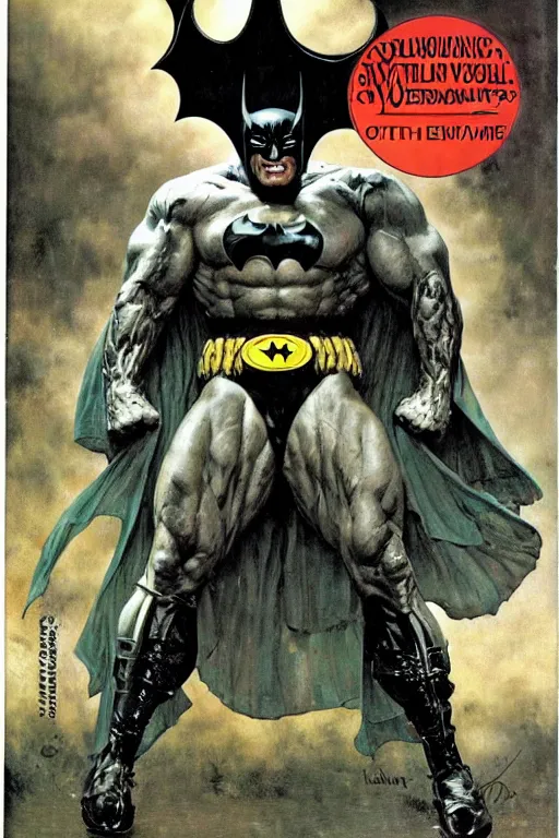 Image similar to full length portrait of hulking martyn ford as evil batman, by lawrence alma tadema and zdzislaw beksinski and norman rockwell and jack kirby and tom lovell and greg staples and michael alford