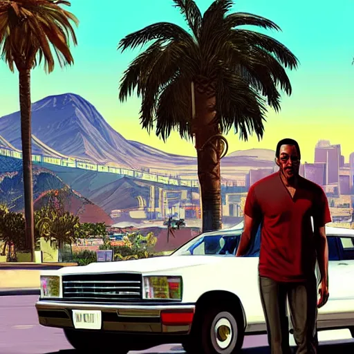 Image similar to Eddie Murphy in GTA V. Los Santos in the background, palm trees. In the art style of Stephen Bliss