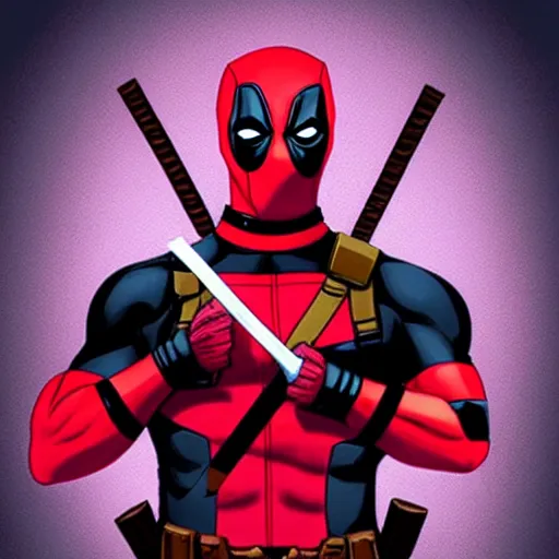Prompt: Deadpool wearing a pink tutu doing a cute pose, holding his bloody katana, smiling at the viewer, full body portrait,