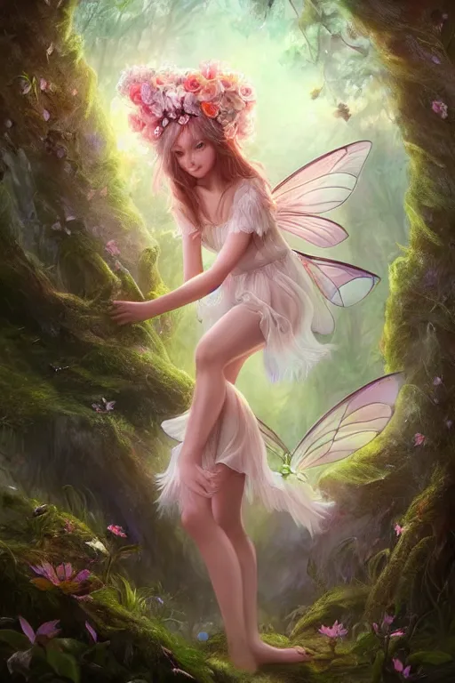 Image similar to a cute fairy in the dreamy forest, fantasy, 8 k resolution, hyper detailed, d & d, character design, digital painting, trending on artstation, sharp focus, illustration, art by artgerm, steve zheng, fuji choko, viktoria gavrilenko, hoang lap