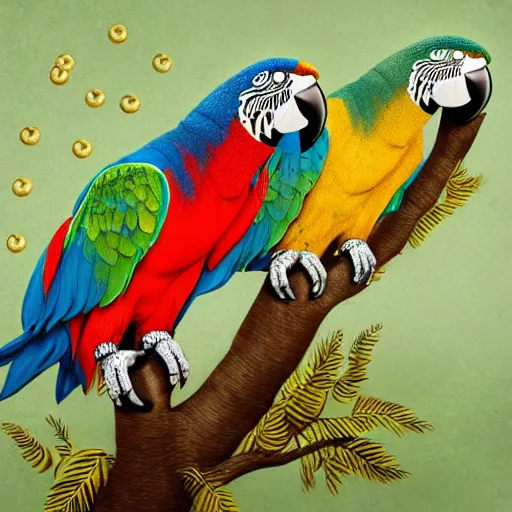 Image similar to parrots wearing golden rings and necklaces, with rap cap on head, rapping and sitting on golden trees, rap scene, musical concert concept art, trending on artstation, highly detailed, digital art, 8 k