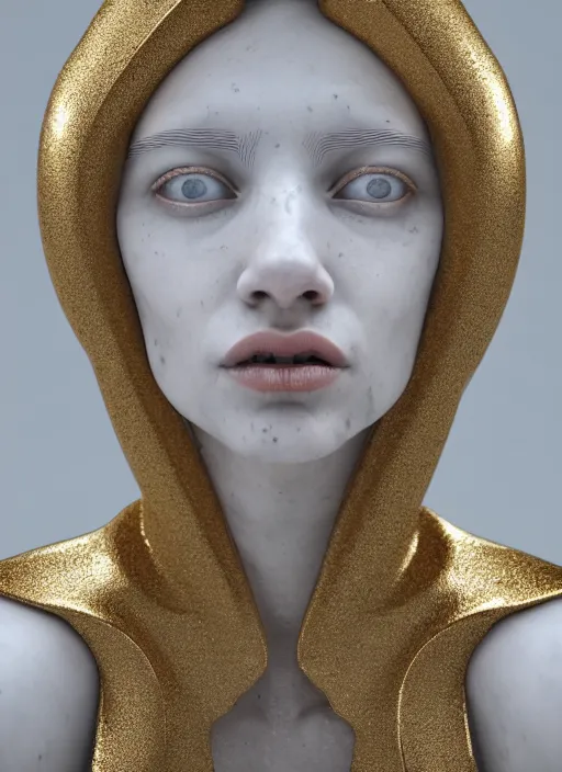 Image similar to a statue made of white marble with gold veins, of an gorgeous futuristic cybernetic angel girl, prostheses, transhumanism, full body shot, perfect symmetrical body, perfect symmetrical face, hyper realistic, hyper detailed, by johannen voss, by peter kemp, by monia merlo, by michelangelo, octane render, blender, 8 k