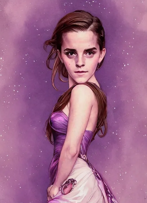 Image similar to full figure emma watson at the yule ball wearing revealing elegant pink and purple dress with flounces. beautiful detailed face. by artgerm and greg rutkowski and alphonse mucha