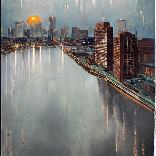 Image similar to photorealistc full - color painting of a broken and distorted mirror reflecting a nightmarish boston downtown skyline in 1 9 2 5 at night with a horrifying sky, aerial view, dark, brooding, night, atmospheric, horror, cosmic, ultra - realistic, smooth, highly detailed by dave dorman