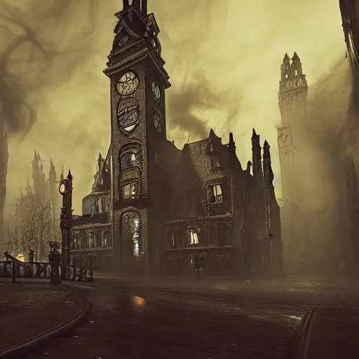 Prompt: haunted gothic horror lovecraftian city, swirling smoke and mist, ultrarealistic, intricate detail, finely detailed, small details, extra detail, high resolution, volumetric lighting, octane render, 8 k