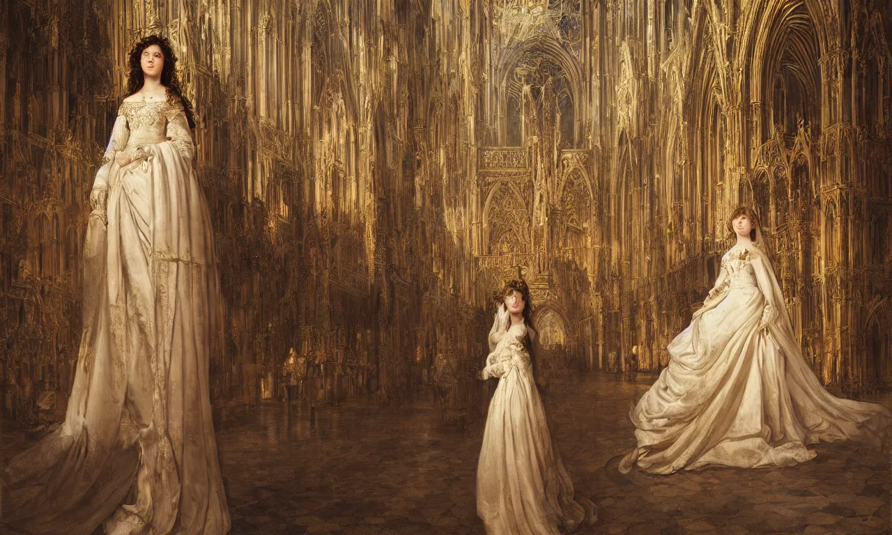 Prompt: breathtaking detailed painting of a young bride, christian saint, a long flowing dress, on a sunlit plaza with a cathedral in the center, rule of thirds, ornate background, by Rembrandt, Hsiao-Ron Cheng, Rebecca guay, night lighting, 8K