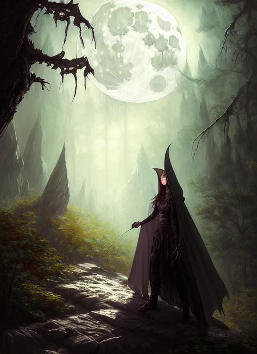 Image similar to full moon, adventurer outfit large cloak, fantasy forest landscape, dragon scales, fantasy magic, dark light night, intricate, elegant, sharp focus, illustration, highly detailed, digital painting, concept art, matte, art by WLOP and Artgerm and Greg Rutkowski and Albert Bierstadt, masterpiece