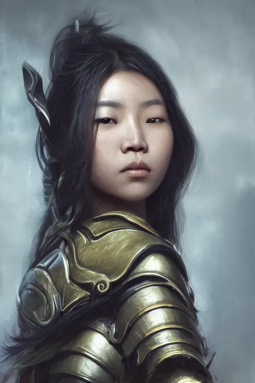 Image similar to Art station concept of Asian woman, fair skin, big eyes, long black hair, no bangs, wearing sculpted textured armor, closes her eye, battle damage, intricate complexity, close-up of the front of the face, resolute expression, back lighting, 4K resolution, symmetric, clear facial features, by Ruan Jia and Mandy Jurgens and William-Adolphe Bouguereau, Karol Bak, smooth, sharp focus, rich deep colors, Unreal Engine 5, digital render, intricate, ultra realistic, concept art,