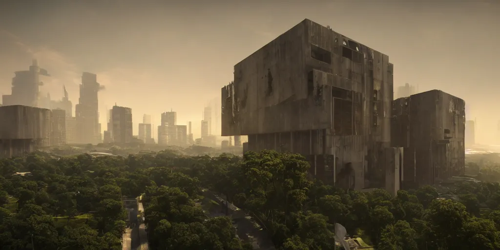 Image similar to brutalist architecture, streetscapes surrounded by lush green forest, view from ground level, stunning volumetric lighting, sunset, rusted steel, smooth solid concrete, stunning skies, trending on Artstation, 8k, photorealistic, hyper detailed, unreal engine 5, IMAX quality, cinematic, epic lighting, in the style of the game DOOM, by Greg Rutkowski