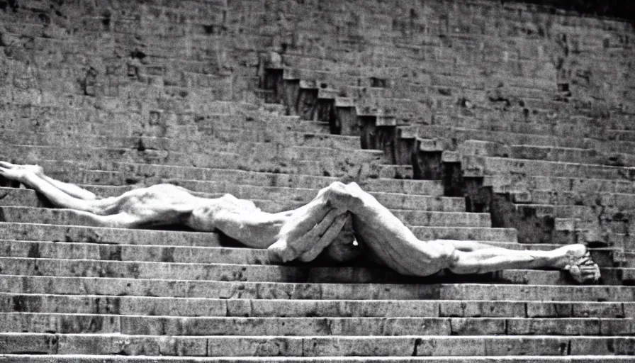 Prompt: 1 9 6 0 s movie still close - up of caligula laying dead on the ancient amphitheater's stairs blood flaque, cinestill 8 0 0 t 3 5 mm, high quality, heavy grain, high detail, dramatic light, anamorphic