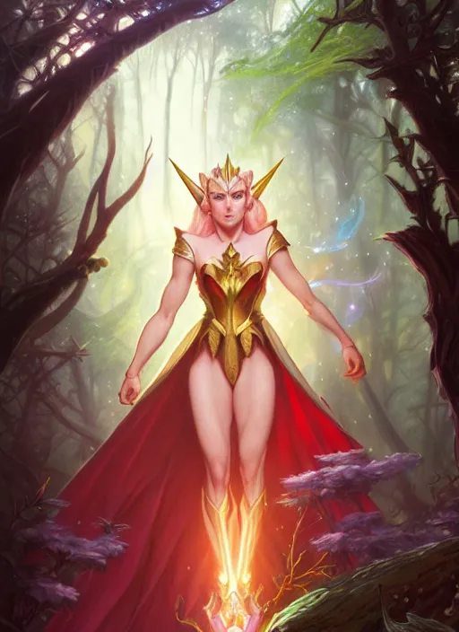 Prompt: she - ra in the enchanted mystical forest, d & d, fantasy, intricate, elegant, highly detailed, digital painting, artstation, concept art, smooth, sharp focus, illustration, art by artgerm and greg rutkowski and alphonse mucha