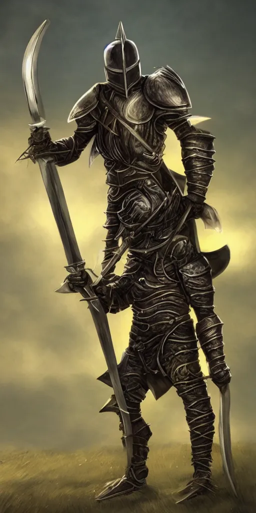 Image similar to full body portrait of half rat knight holding a great sword made of fire, anthropomorphic, prompt:hyper realistic, high detail, photo realistic, cinematic lighting, rendering by octane, spot lighting, in a open field, high quality, coherent. green hue armor